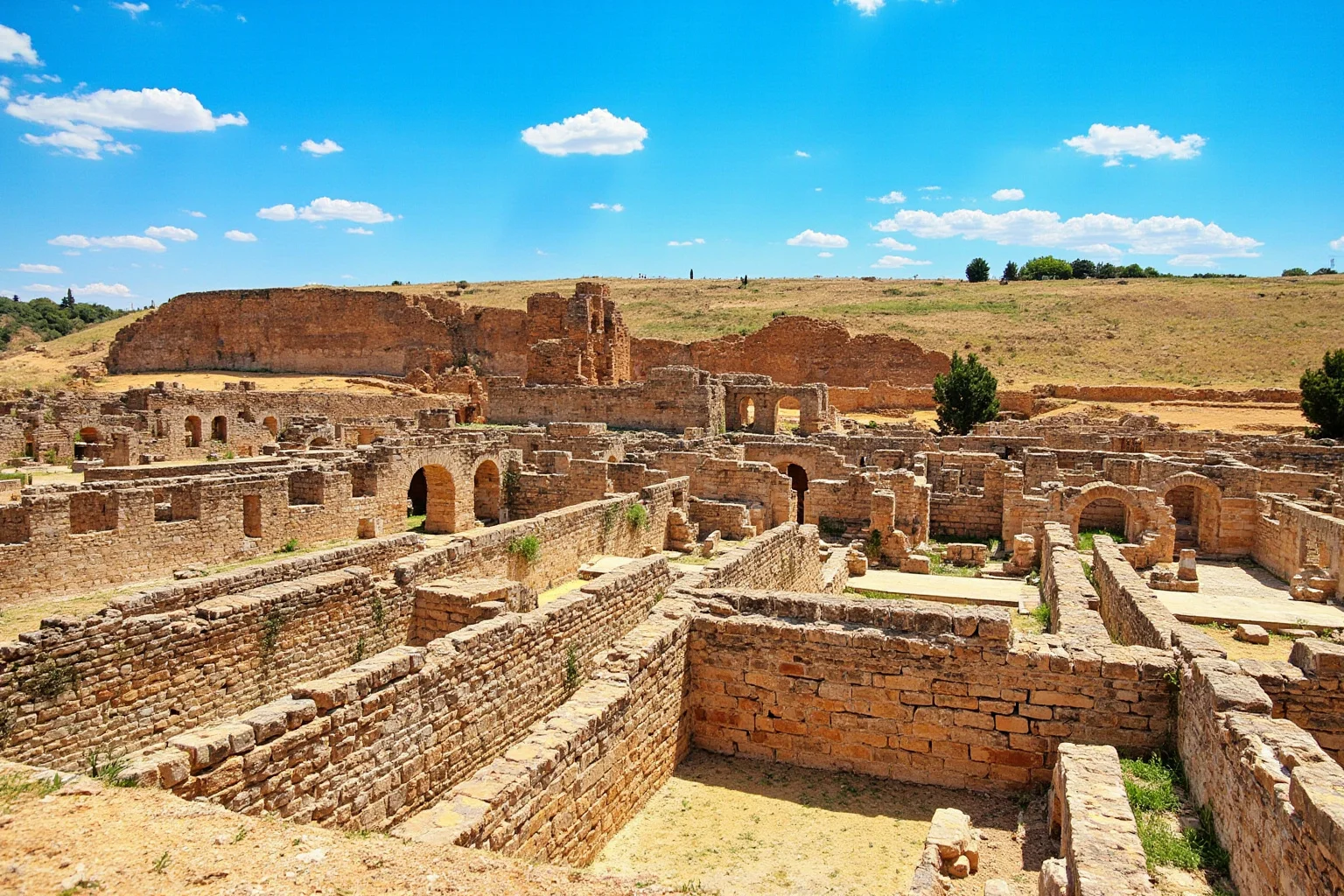 Ruins of an ancient Roman military barracks complex with stone walls and archways under a blue sky
