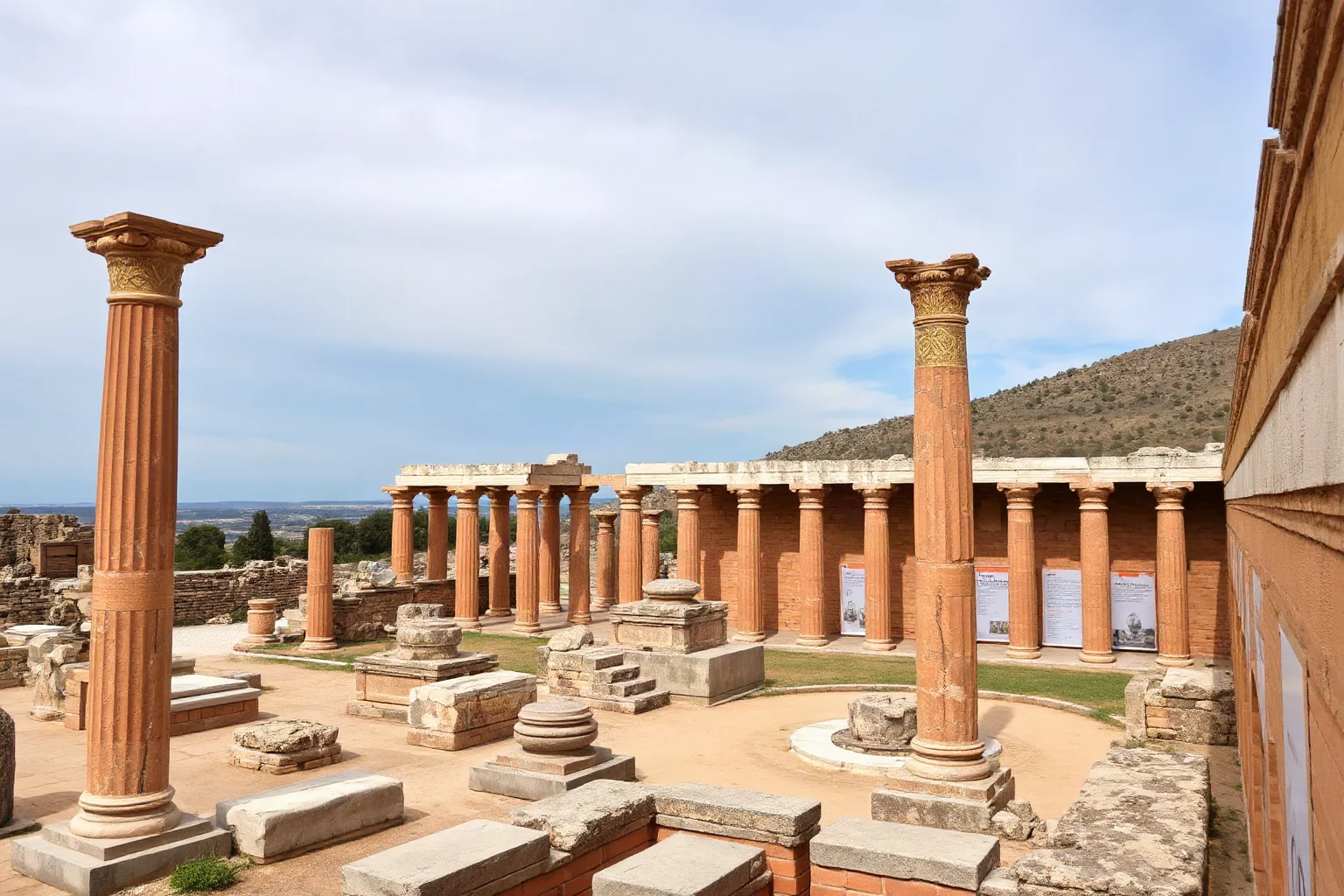 The Palace of Knossos in Crete showing the Minoan ruins with characteristic red and black columns