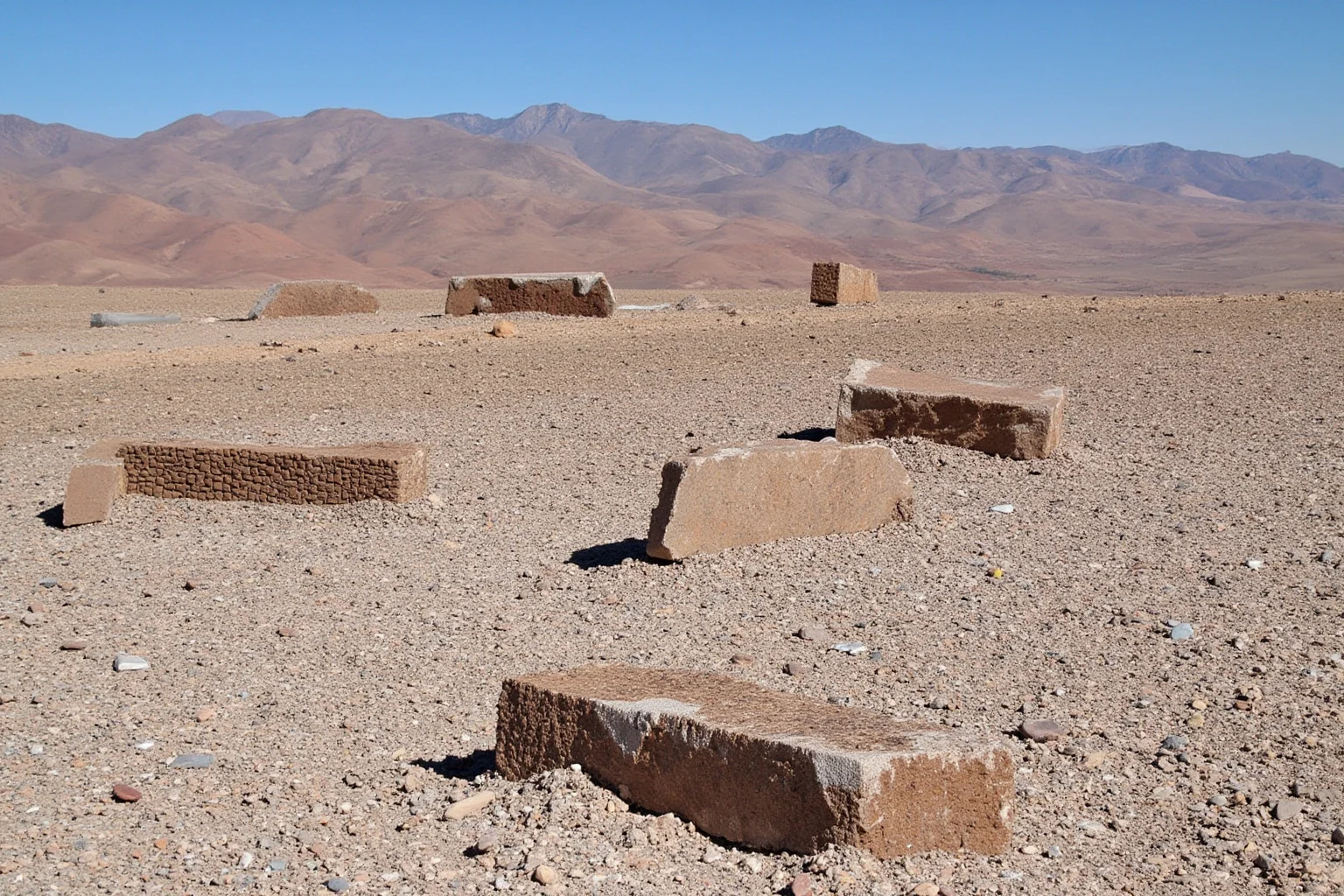 The precisely cut andesite blocks of Puma Punku scattered across a high-altitude Bolivian plain