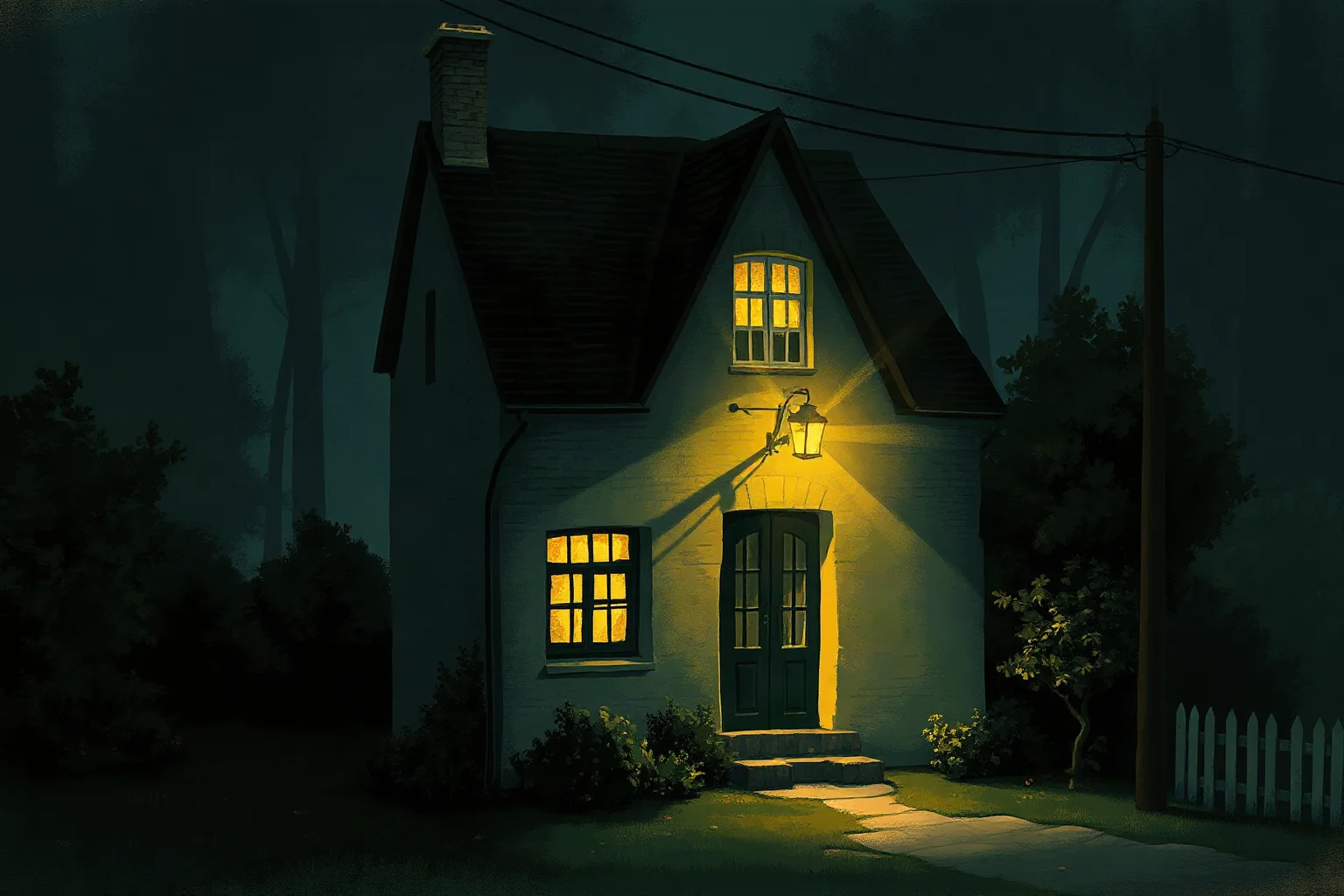 A moody, painterly illustration of a small 19th-century French house at night lit by lamplight, evoking the Yellow House in Arles, no real people shown