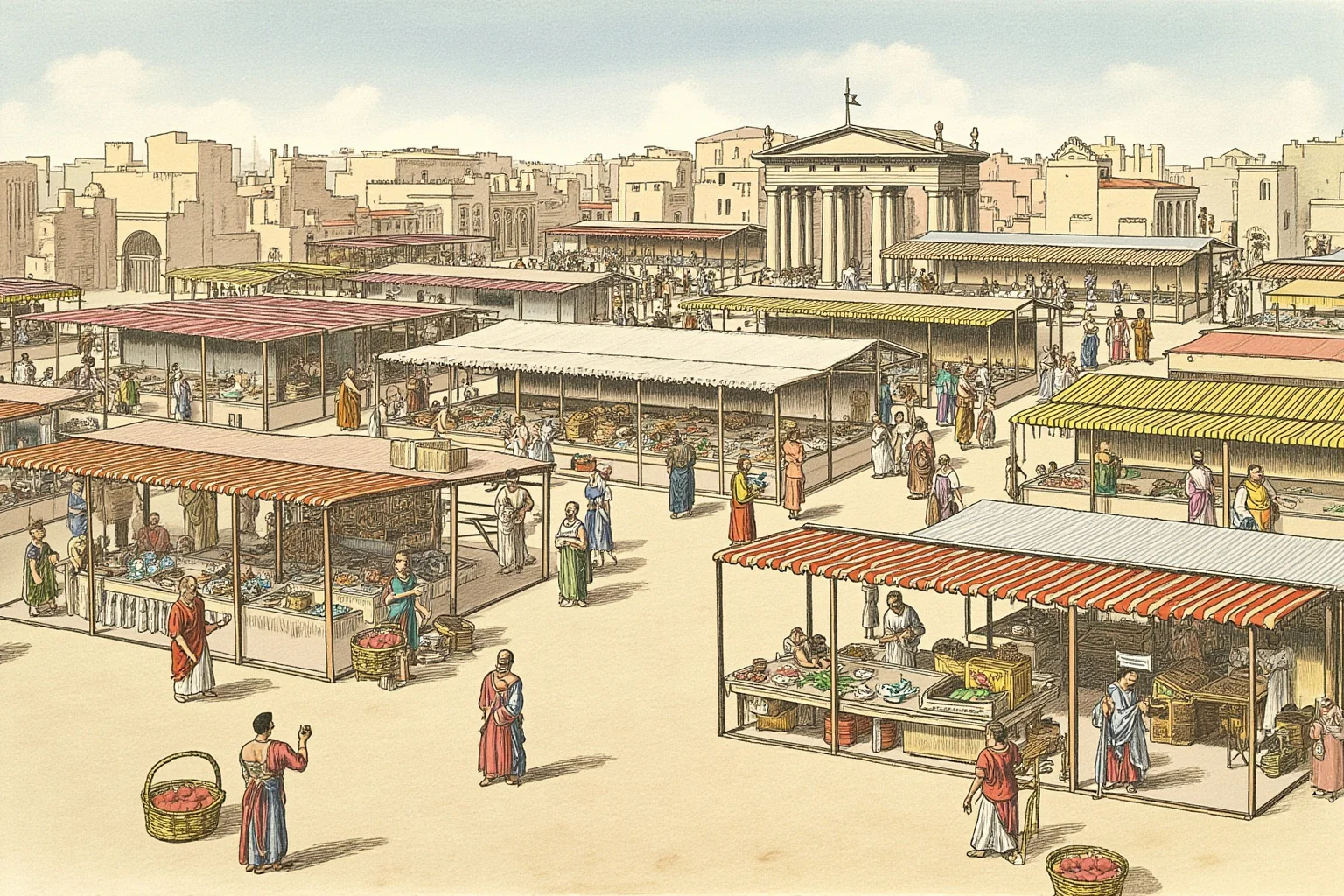 The Role of Markets and Bazaars in Ancient Economies 2 Illustration of the ancient Athenian agora with market stalls, stoas, and citizens trading goods