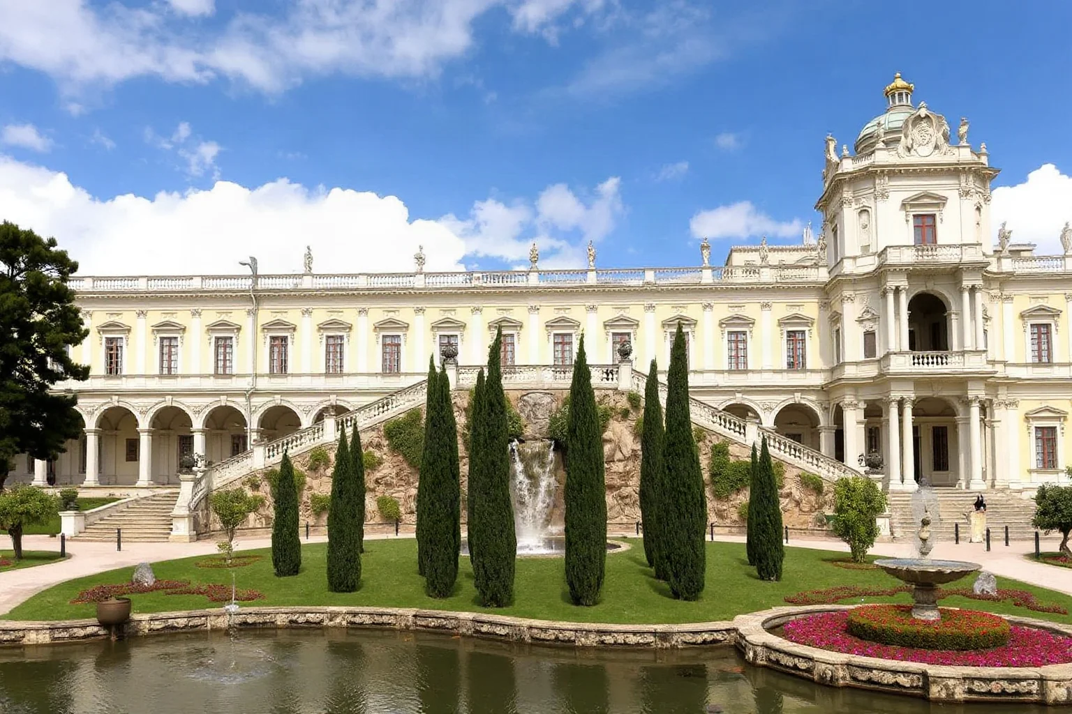 The Royal Palace of Caserta with its grand staircase, ornate rooms, and cascading waterfall gardens