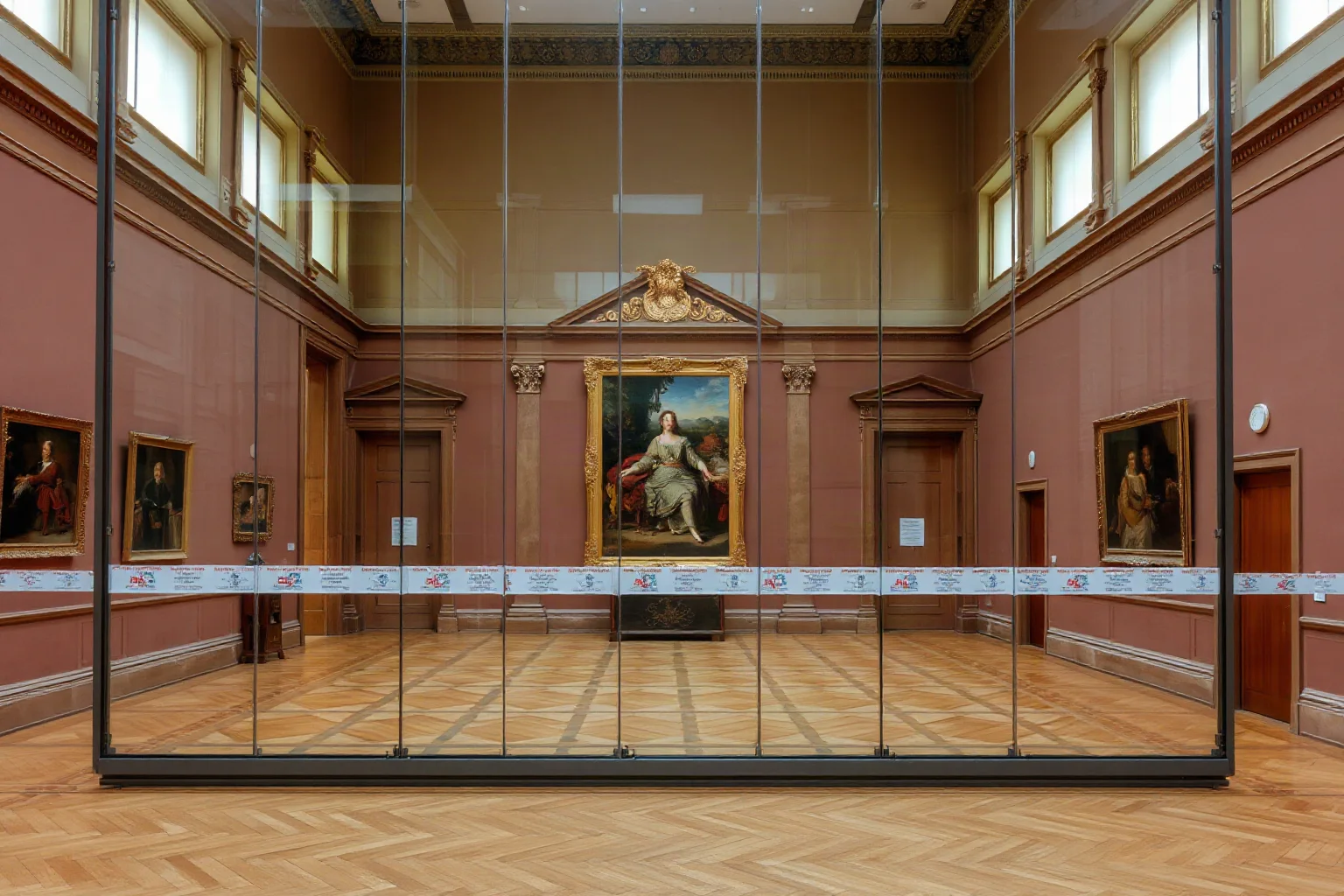 The Salle des États gallery room in the Louvre, featuring the iconic painting behind protective climate-controlled glass with security barriers