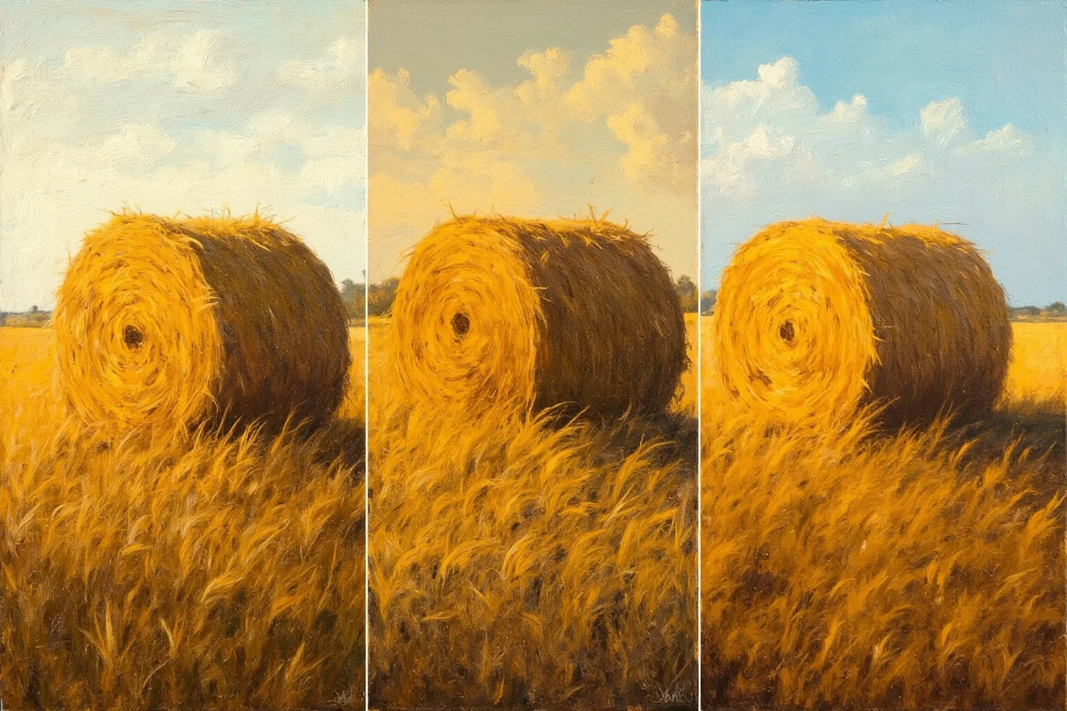 Amazing Facts About Claude Monet: His Life and 10 Greatest Paintings 9 The same rural haystack painted three times side by side under morning, midday, and sunset light