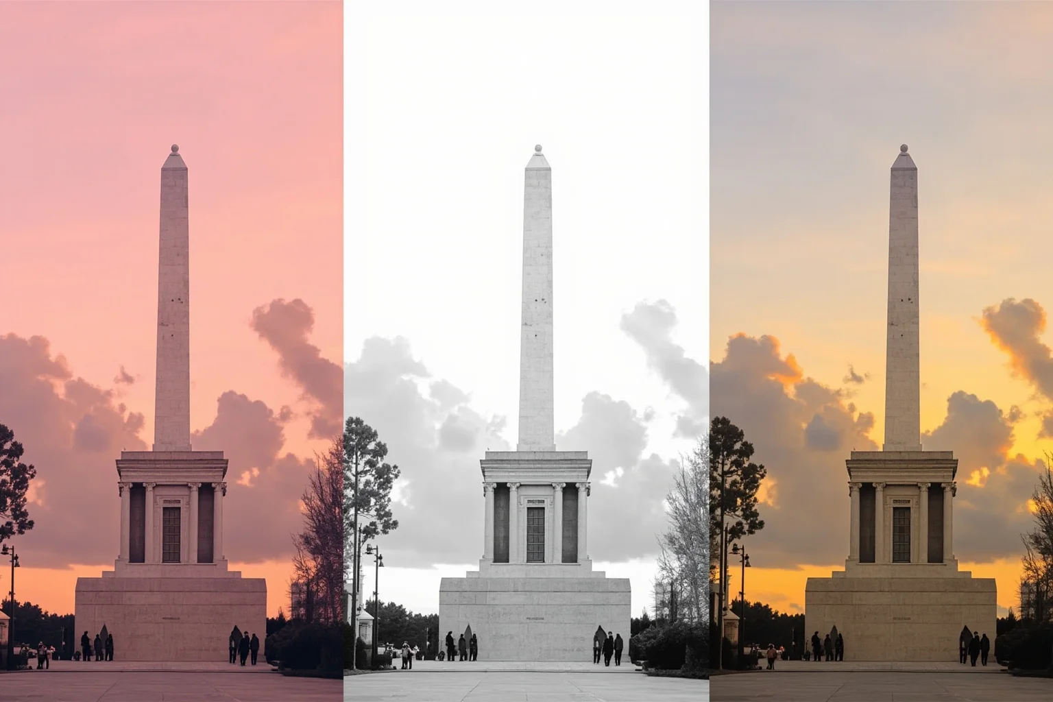 The same white marble monument shown in three lighting tones, pink dawn, bright white noon, and golden sunset