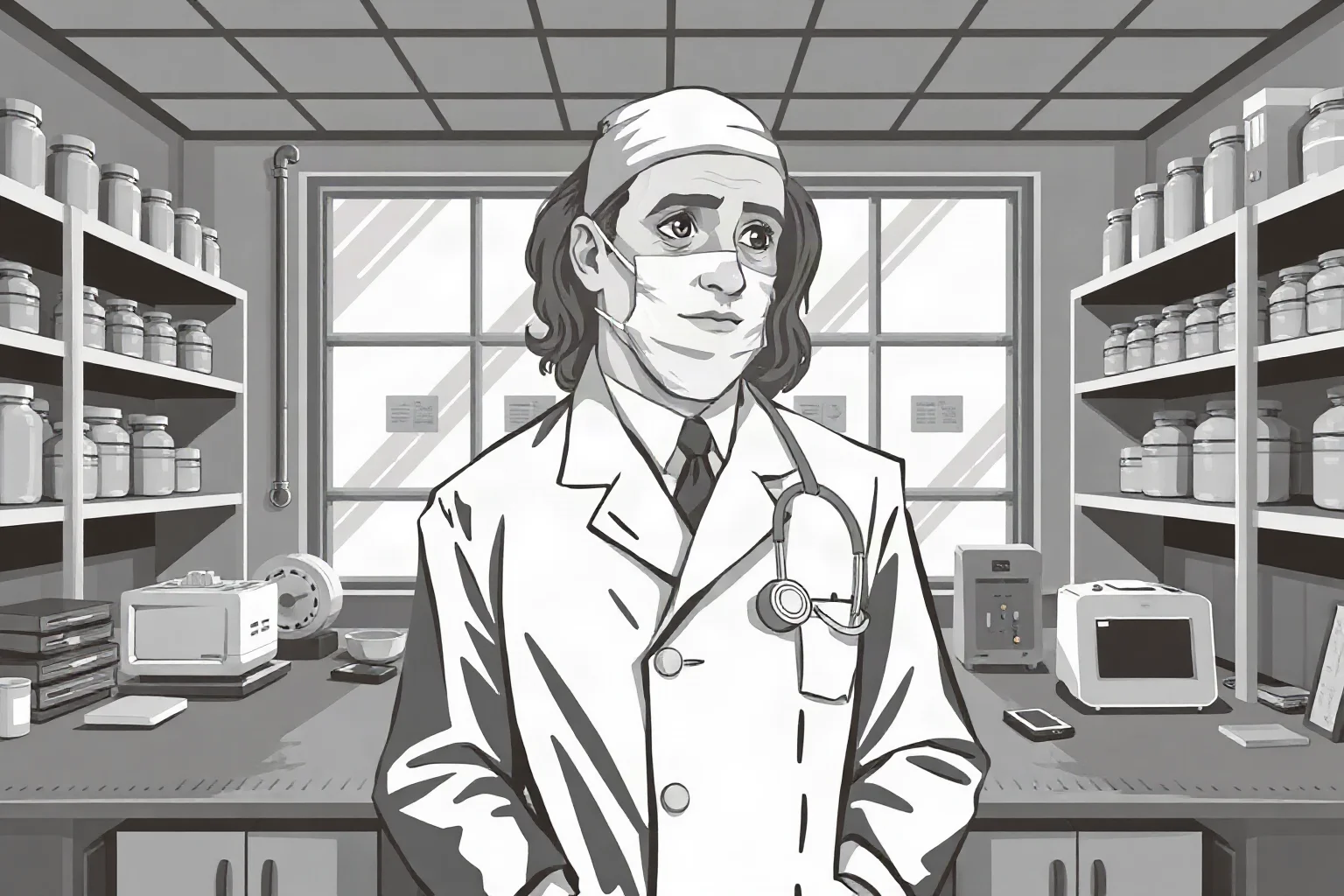 Black-and-white style portrait illustration of a fictional mid-century Soviet surgeon in a lab coat, standing in a 1950s research laboratory