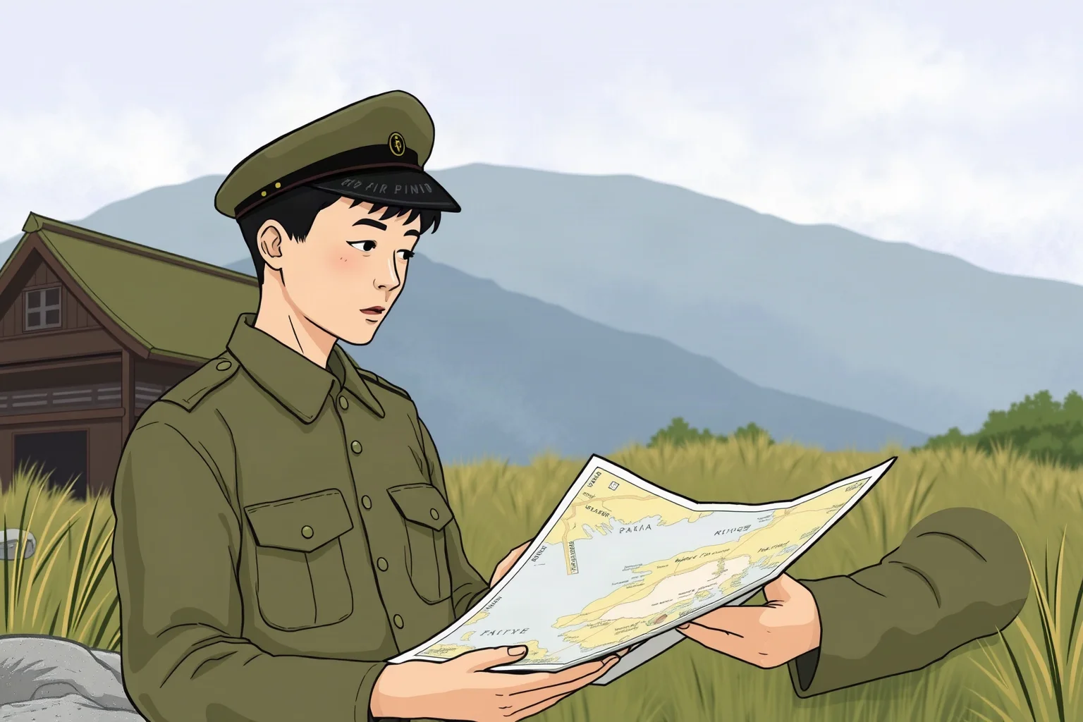 A young Japanese army officer in 1940s military uniform studying a map, illustration style, no identifiable real person