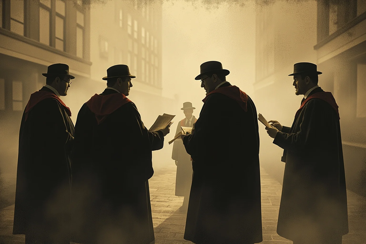 Vintage-style illustration of five shadowy silhouetted men in 1930s university academic gowns exchanging papers in a foggy courtyard, muted sepia tones
