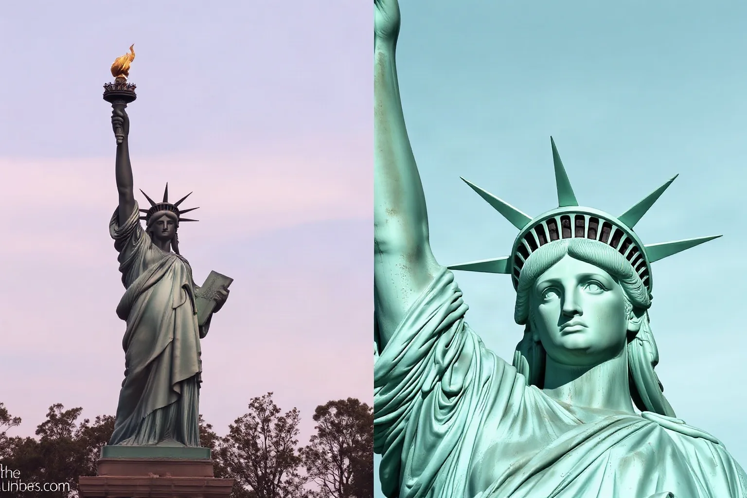 The Statue of Liberty shown in two-tone comparison, one half shiny copper-brown and one half oxidized green