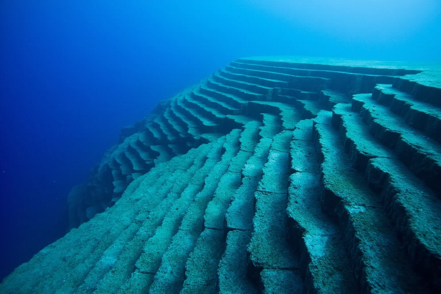 The stepped underwater rock terraces of the Yonaguni Monument off Japan's coast