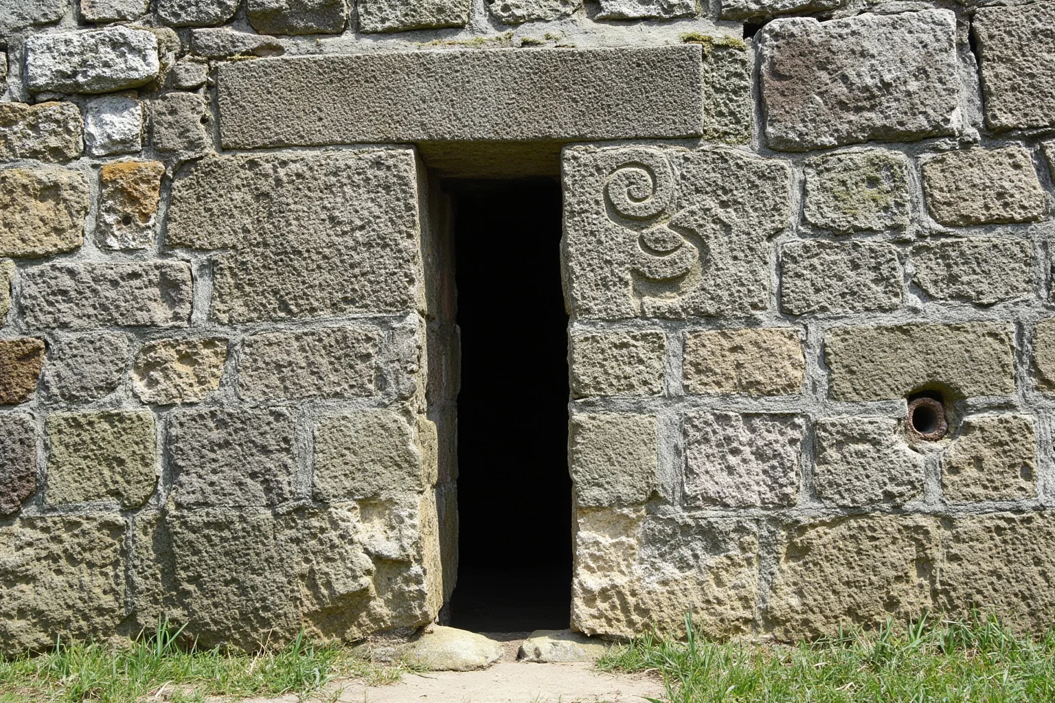 The stone entrance and spiral carvings of Newgrange passage tomb in Ireland