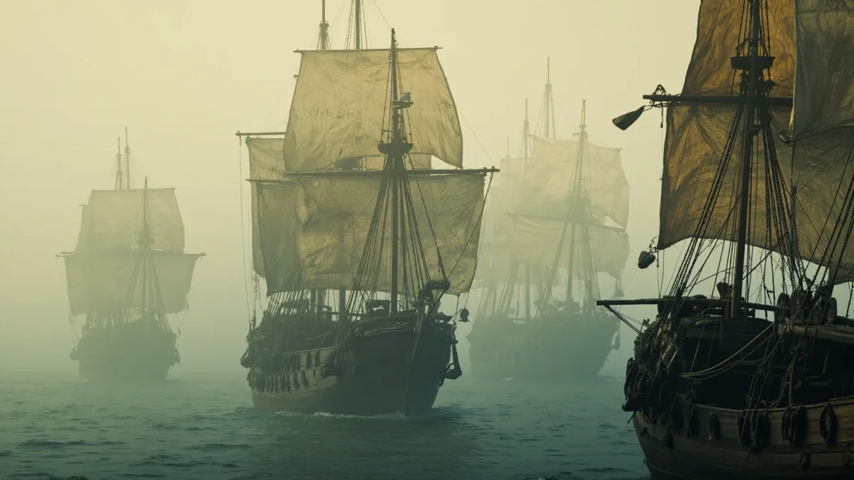 A weathered 19th-century Chinese junk ship fleet sailing along a misty southern China coastline at dawn