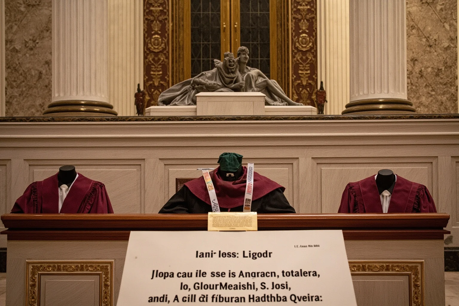 The U.S. Supreme Court building's interior with judicial robes and legal documents, representing the highest court