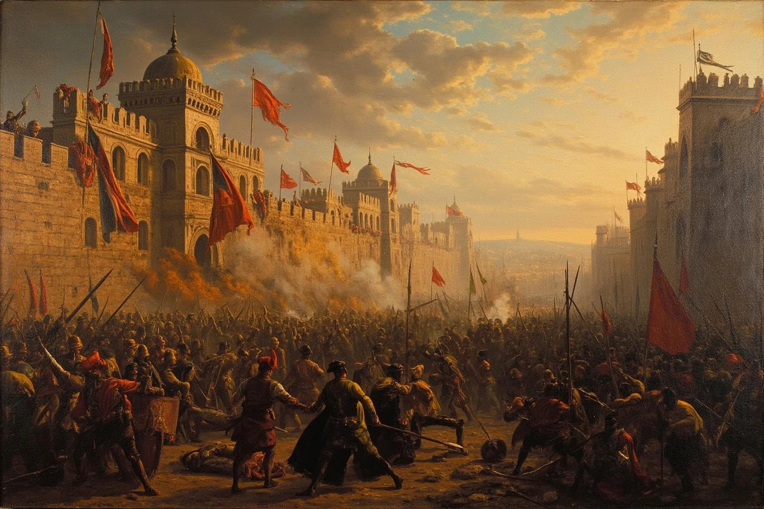 Empires That Fell Slowly—and 20 That Collapsed Overnight 3 The walls of Constantinople under siege, cannons and banners in a dramatic historical painting style
