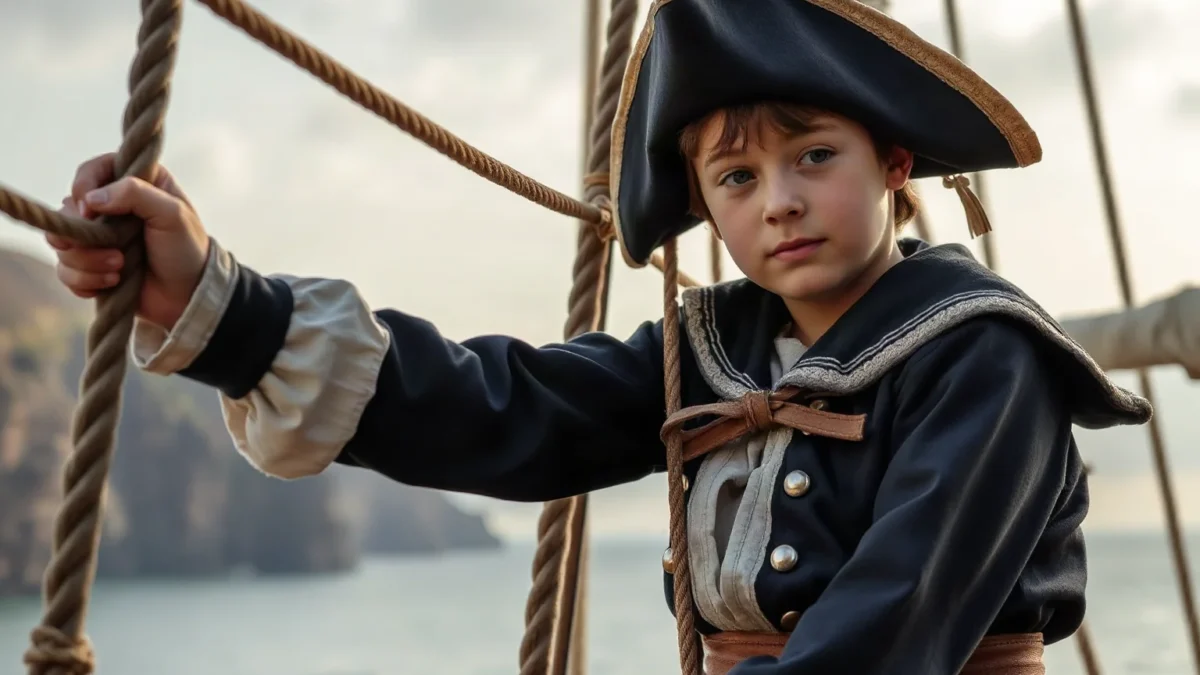 A young Welsh sailor in 17th century merchant marine uniform, climbing the rigging of a slave trading vessel, with coastal Welsh cliffs visible in the distant background