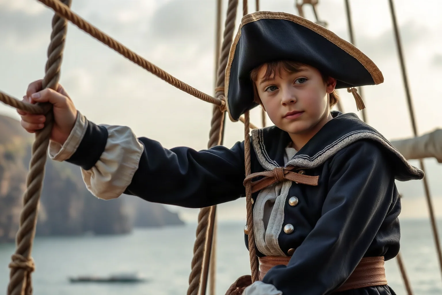 A young Welsh sailor in 17th century merchant marine uniform, climbing the rigging of a slave trading vessel, with coastal Welsh cliffs visible in the distant background