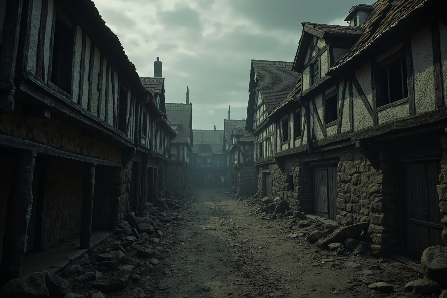 The Worst Events in Human History: 22 of the Darkest Chapters Ever Recorded 2 A somber medieval European village scene with empty streets, symbolizing the devastation of the Black Death plague era