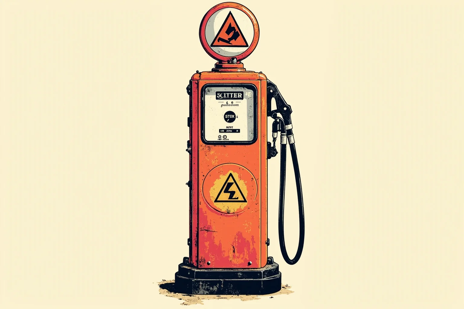 The Worst Inventions of All Time, Ranked 2 Vintage-style illustration of an old gas station pump from the mid-20th century with a warning symbol motif