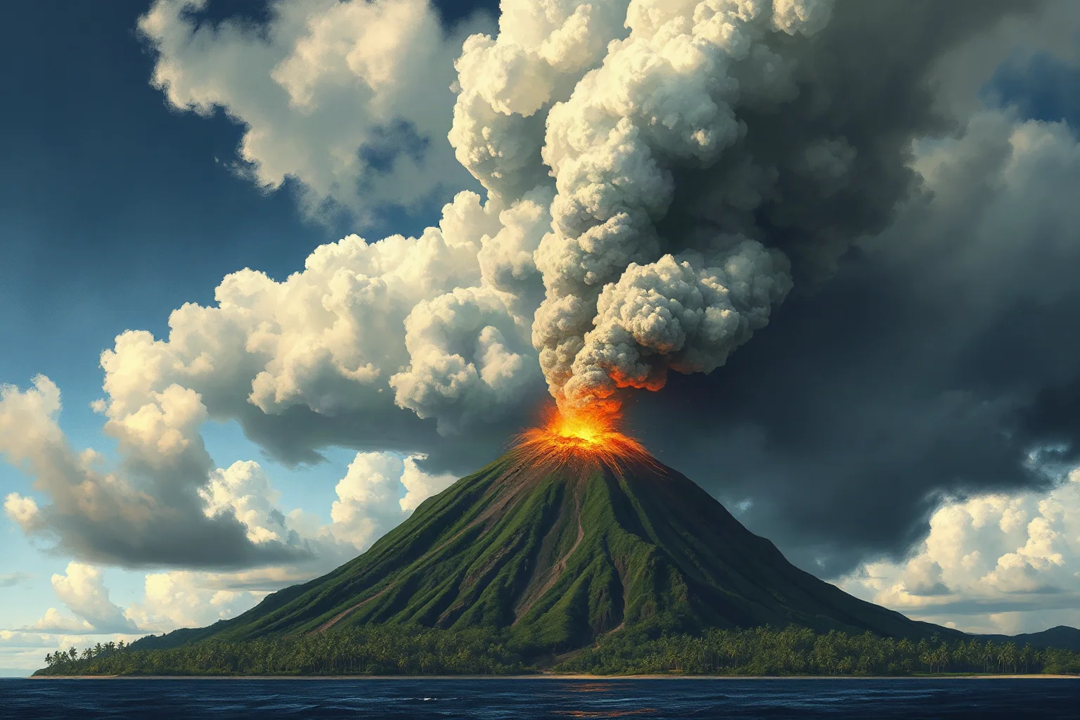 A dramatic wide-angle illustration of a massive volcanic eruption on a tropical island, dark ash cloud towering into the sky, historical painting style