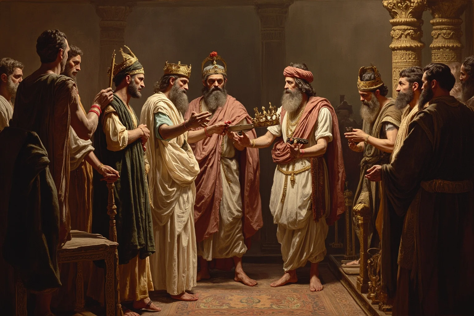 A dramatic painterly illustration of an ancient Persian royal court ceremony with a crown being presented near a throne, symbolic and non-photorealistic, historical fantasy style