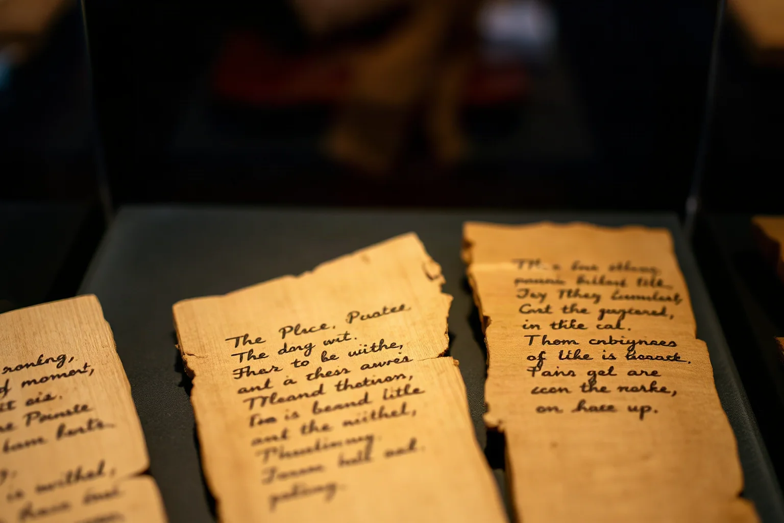 Thin wooden Roman writing tablets with faded ink handwriting on display