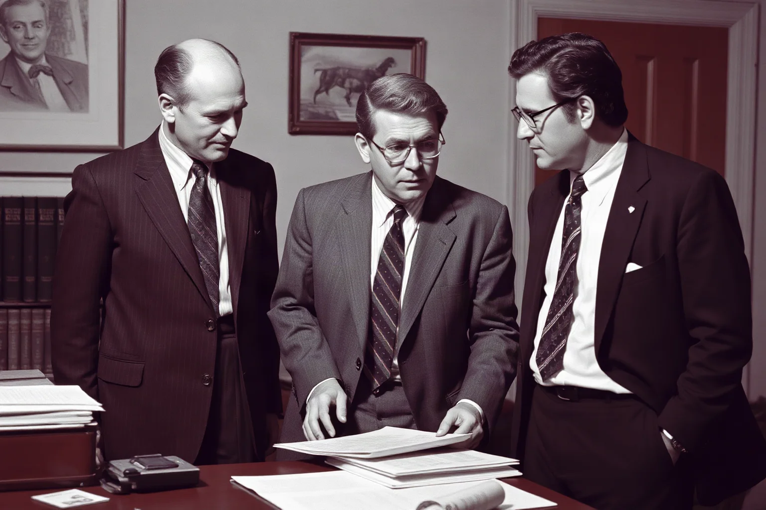 Three brothers in 1960s political suits in an office setting, engaged in serious discussion about a desk with crisis documents