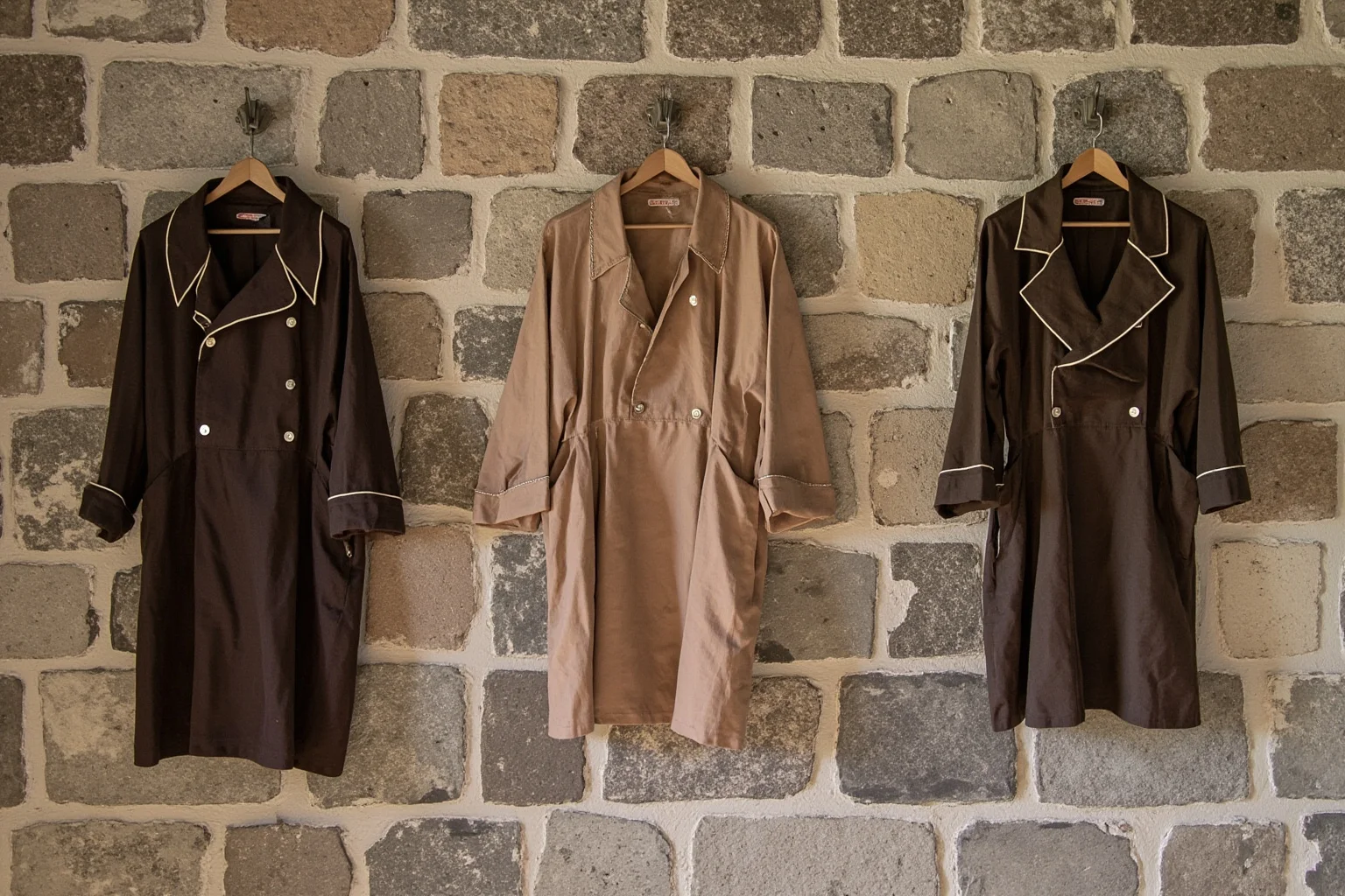 Three empty period-style lighthouse keeper uniforms hanging on hooks in a stone room
