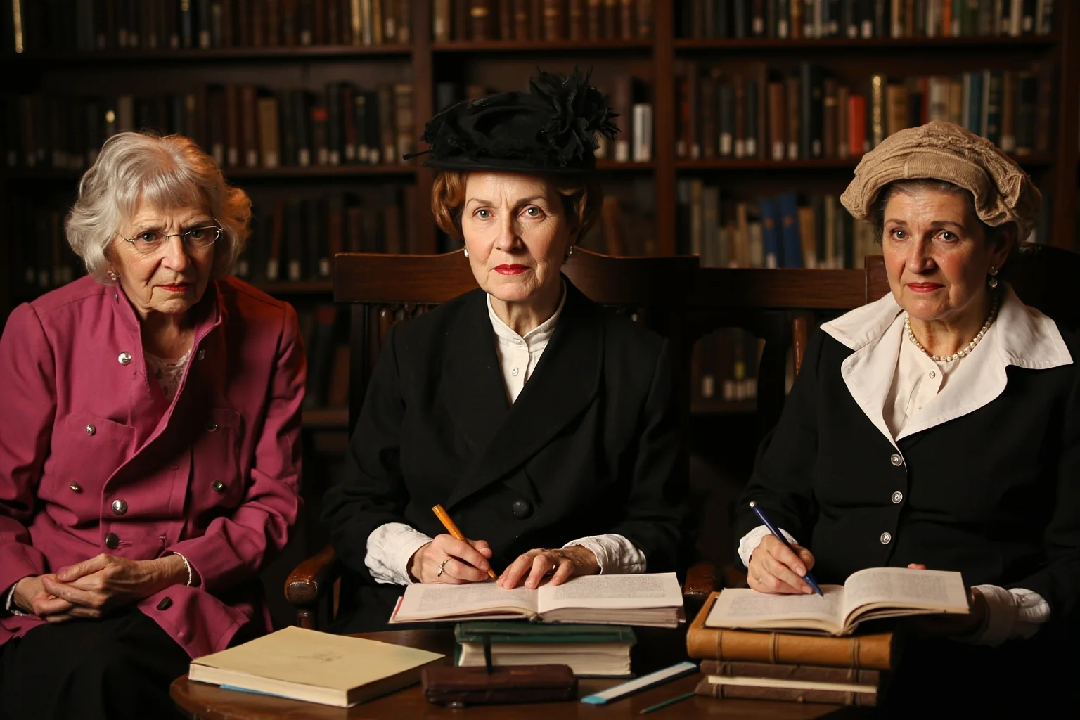 25 Greatest Historical Figures of the Victorian Era 9 Three female Victorian authors dressed in period attire, seated together in a literary study with books and writing materials