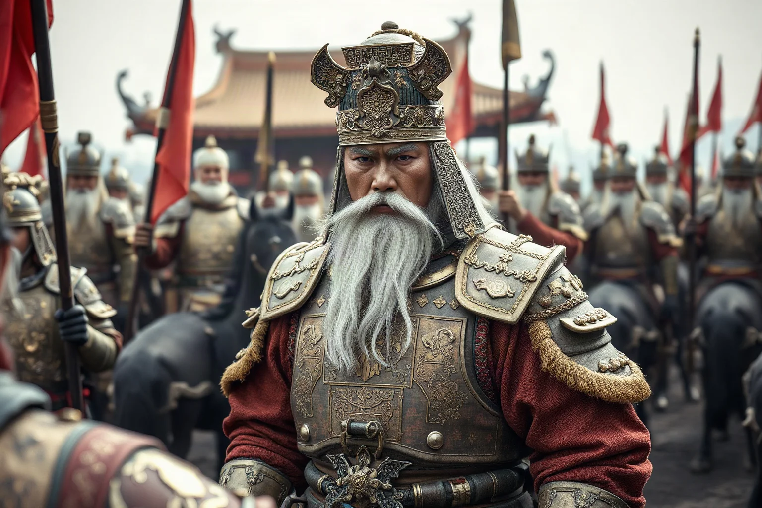 Three Kingdoms era warlord in ornate armor addressing troops before a campaign