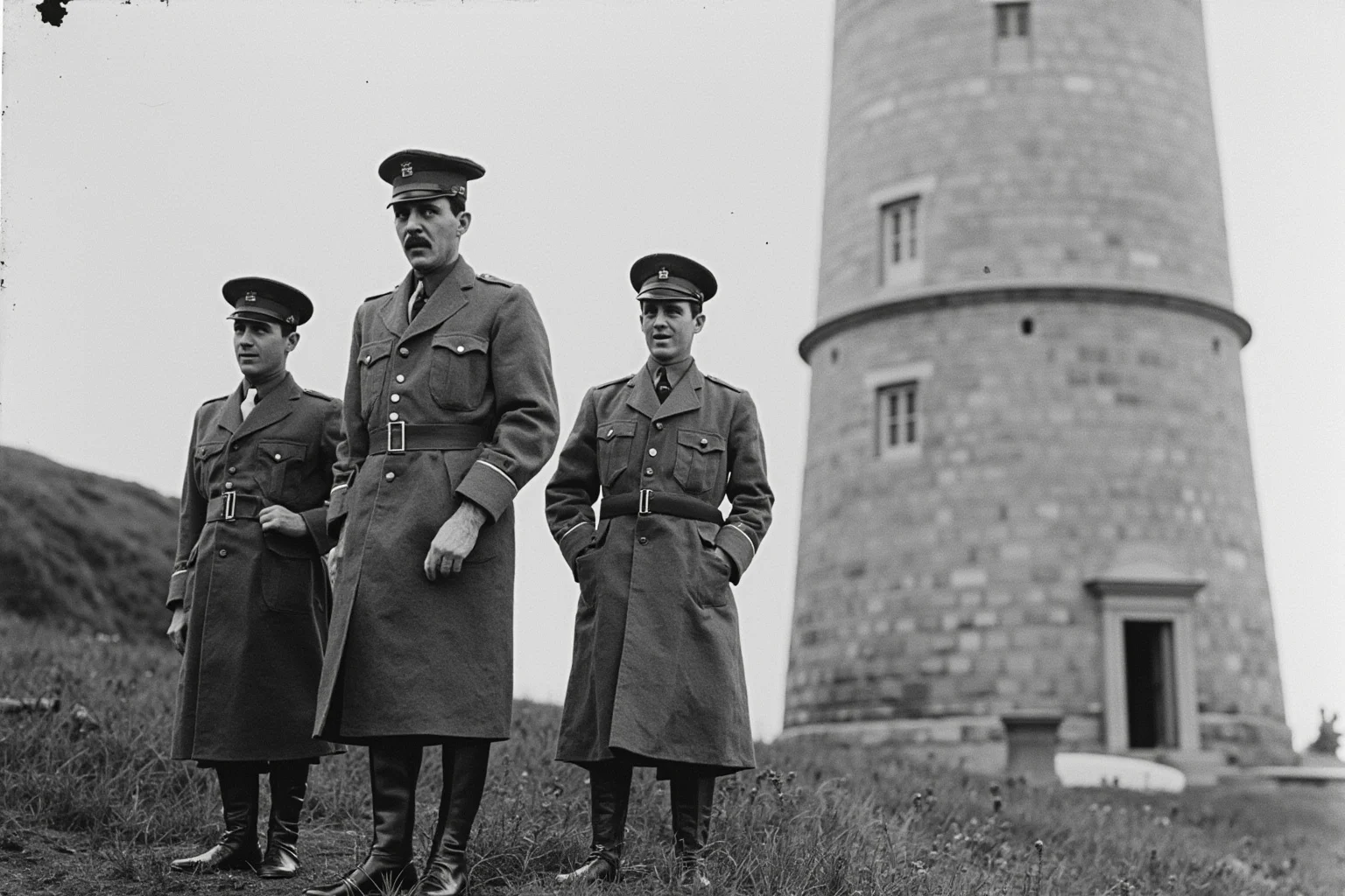 Strange History: Why Lighthouse Keepers Went Mad (Or Did They?) 10 Three lighthouse keepers in period uniforms standing together outside a stone lighthouse, muted historical illustration