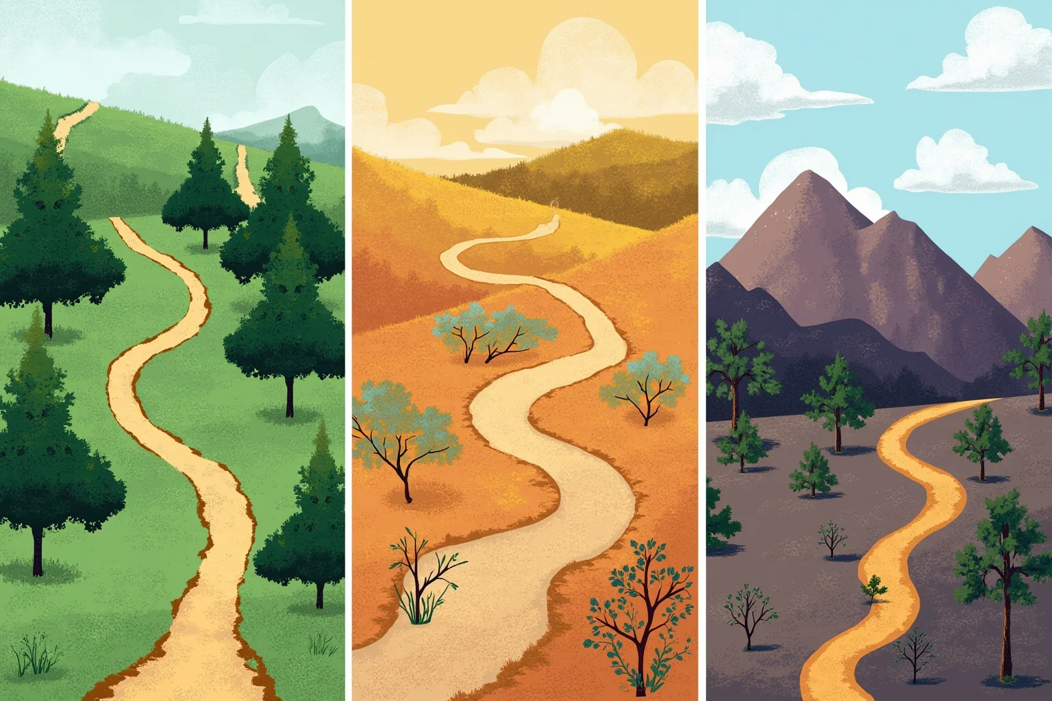 Longest Journeys Ever Undertaken On Foot 15 Three parallel wilderness trails winding through forest, desert, and mountain terrain in one composite illustration