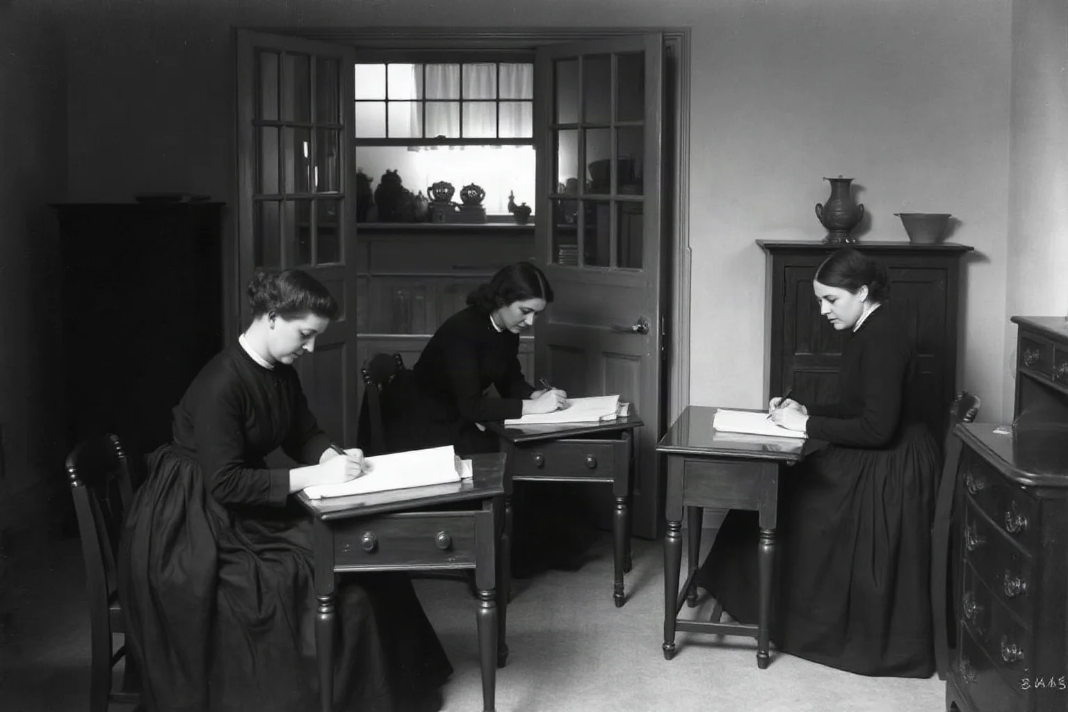 Three Victorian-era women in dark dresses sitting together writing at small desks in a sparse Yorkshire parsonage room