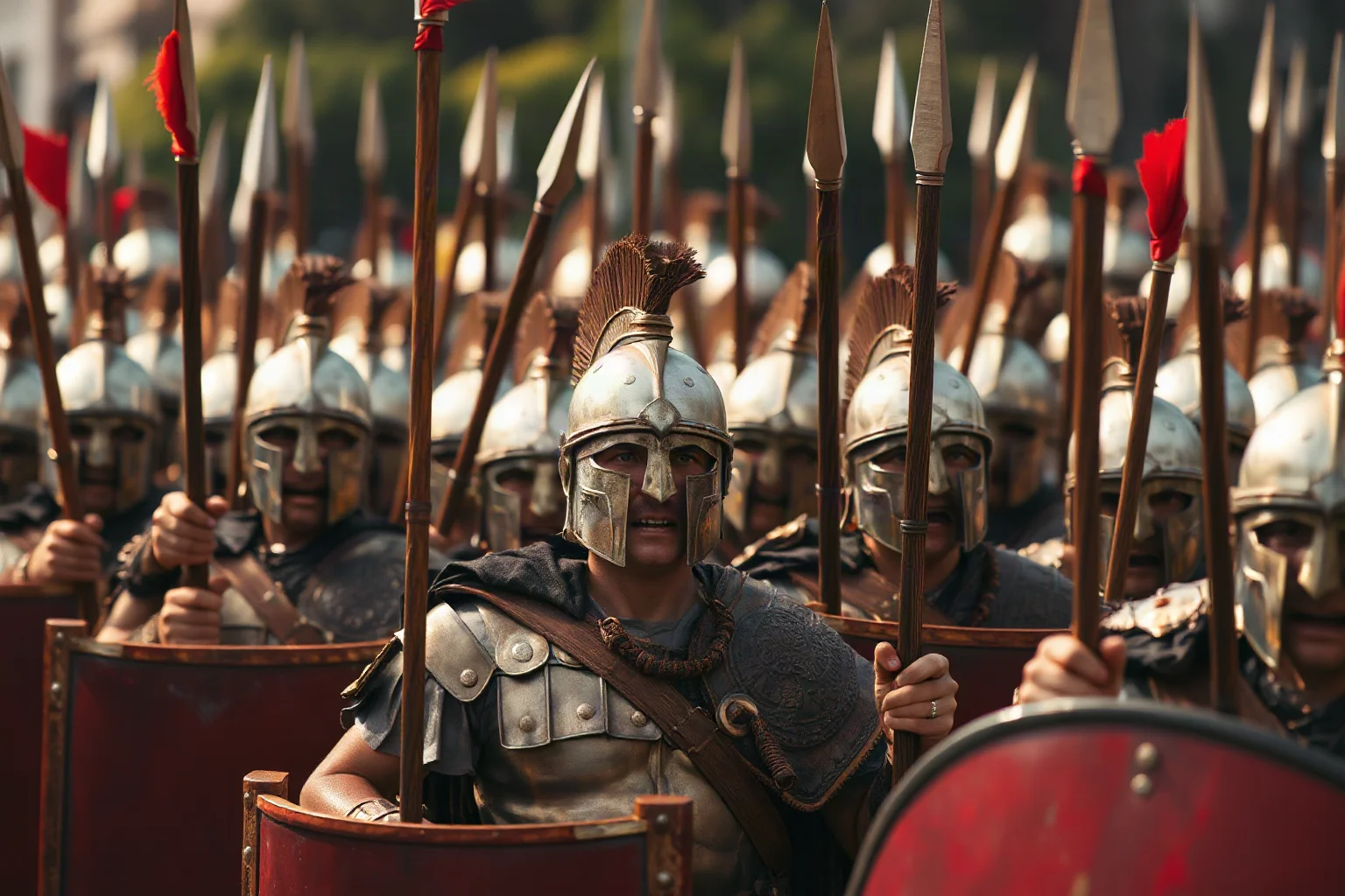 Tight formation of helmeted Spartan hoplites with shields and spears in phalanx battle stance