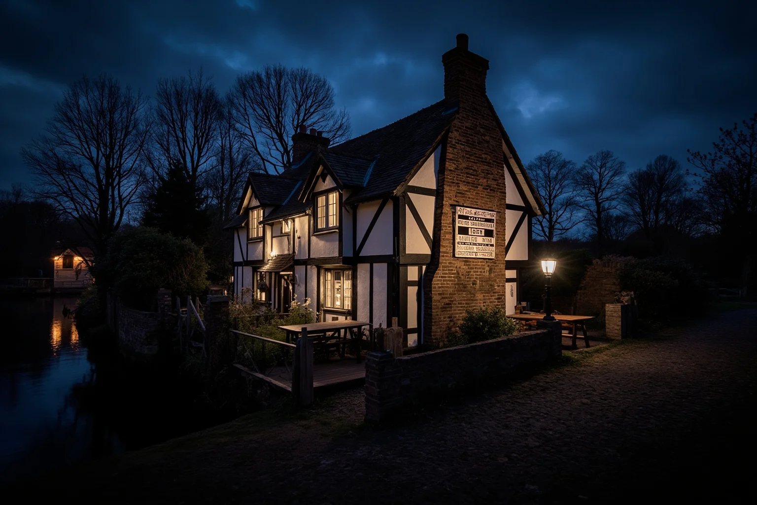 Timber-framed English riverside inn from the 16th century beside a quiet river crossing, moody atmospheric lighting