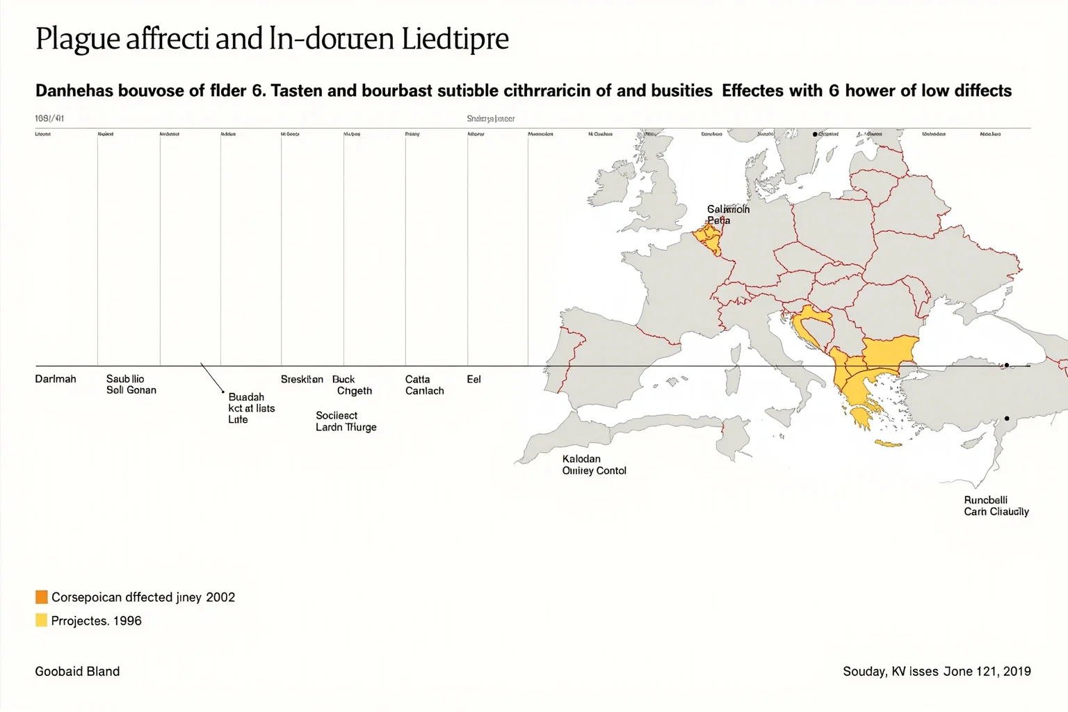 Timeline illustration showing plague outbreaks across centuries with highlighted dates and European cities affected