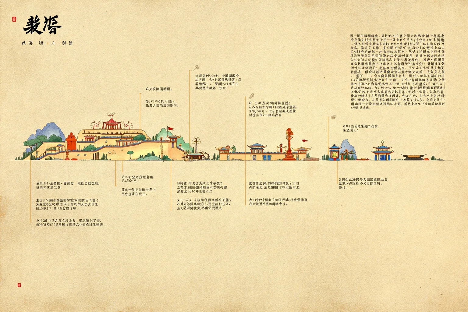 Timeline-style illustration showing ancient Qin Dynasty era with a walled city and imperial banners