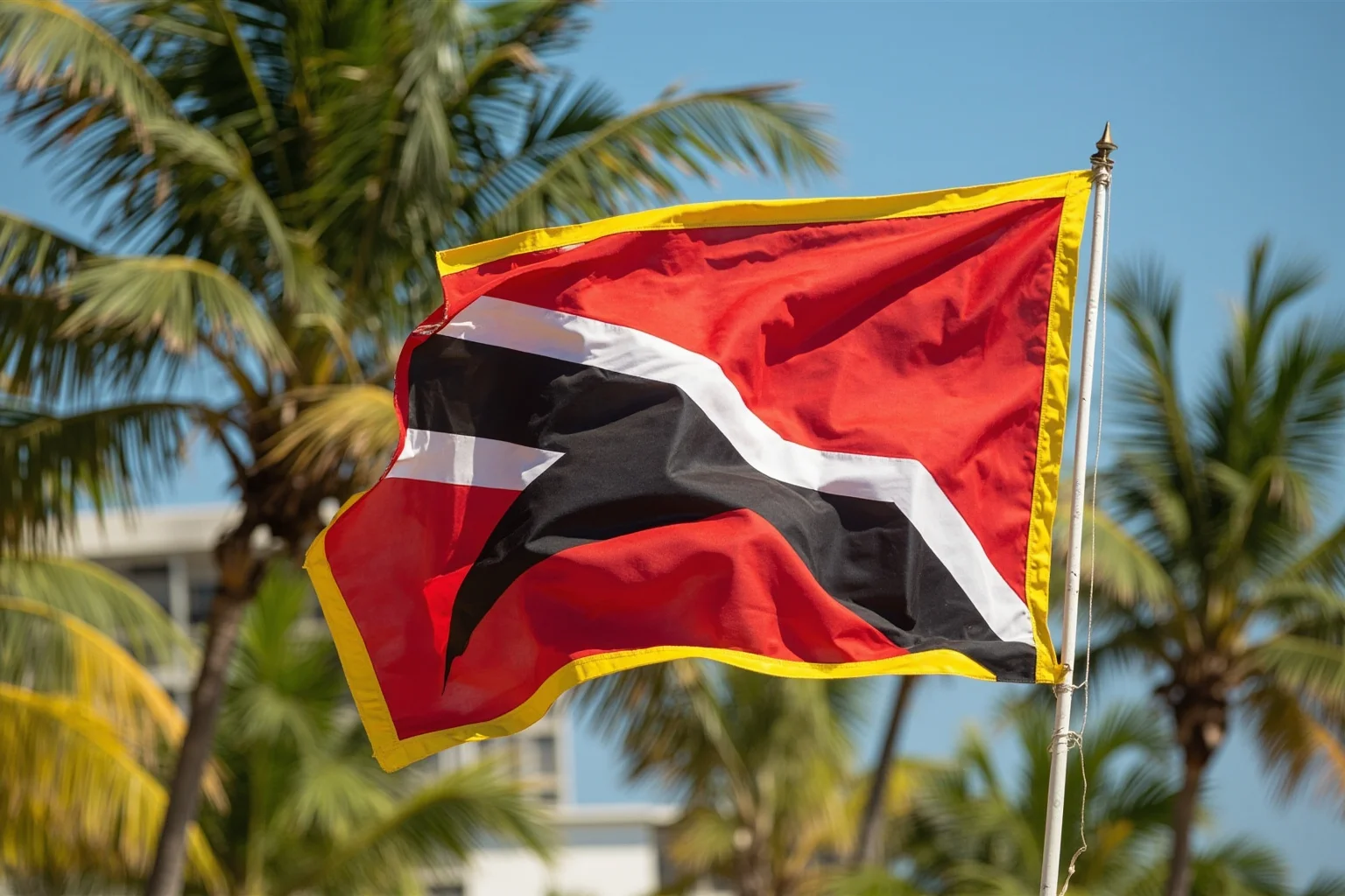 Timor-Leste's red, black, and yellow flag with white star, tropical Southeast Asian backdrop