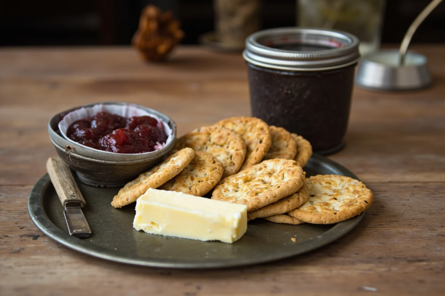 The Evolution of World War 1 Rations: 24 Facts About Food, Trenches, and Rationing 10 Tins of plum jam and a pat of margarine on a soldier's plate beside hardtack biscuits