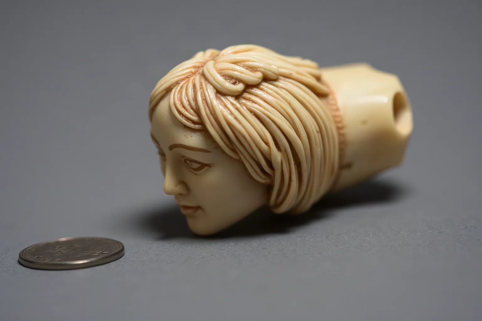 Tiny carved ivory human head fragment with detailed hair texture, ancient miniature sculpture