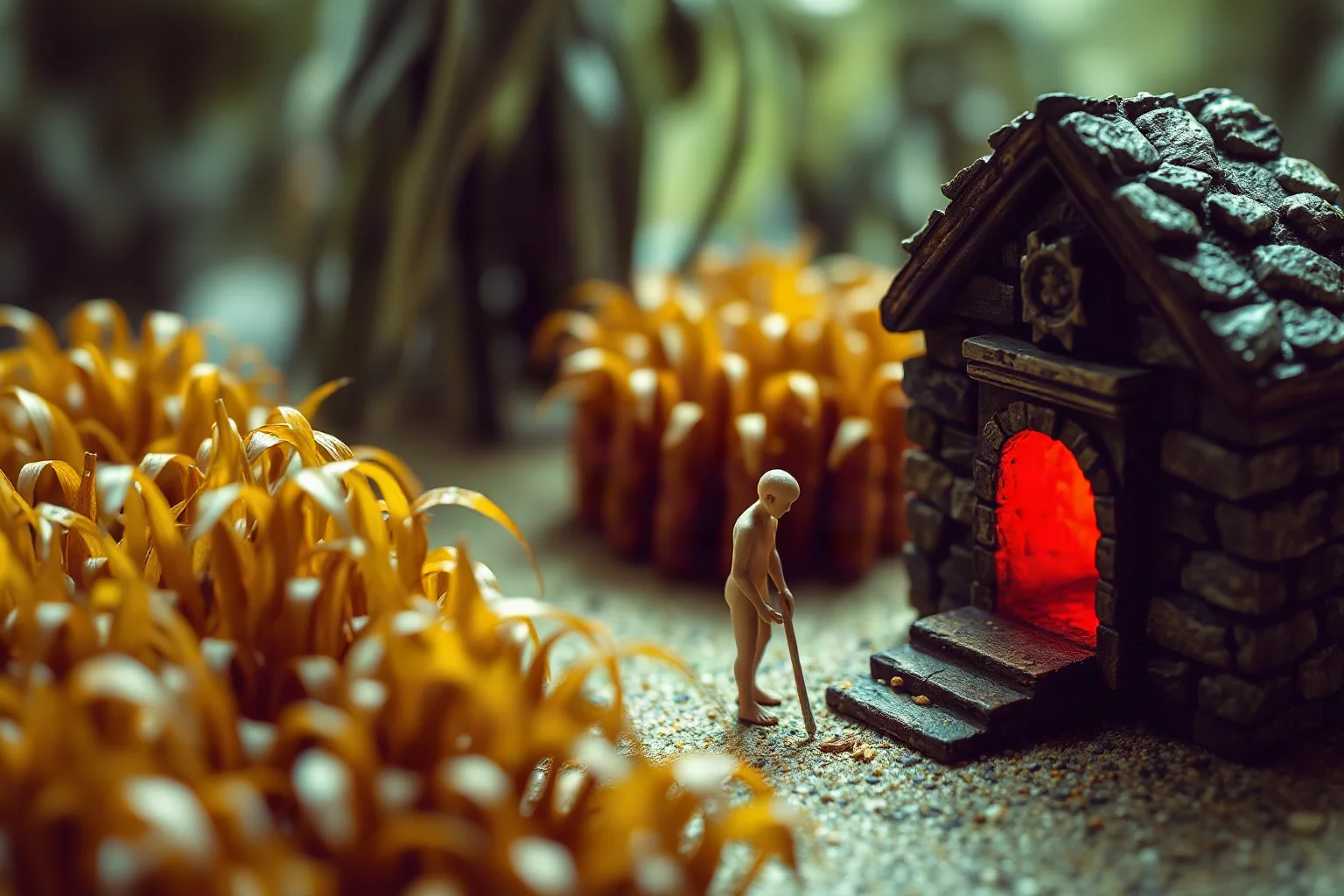 Tiny invisible spirit figures tending a lush Maya cornfield beside a miniature stone house