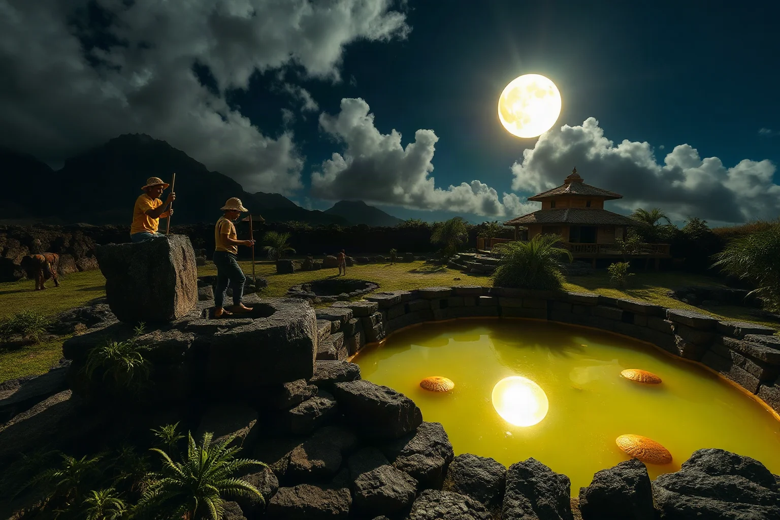 Tiny skilled builders working under moonlight to construct a stone fishpond in ancient Hawaii