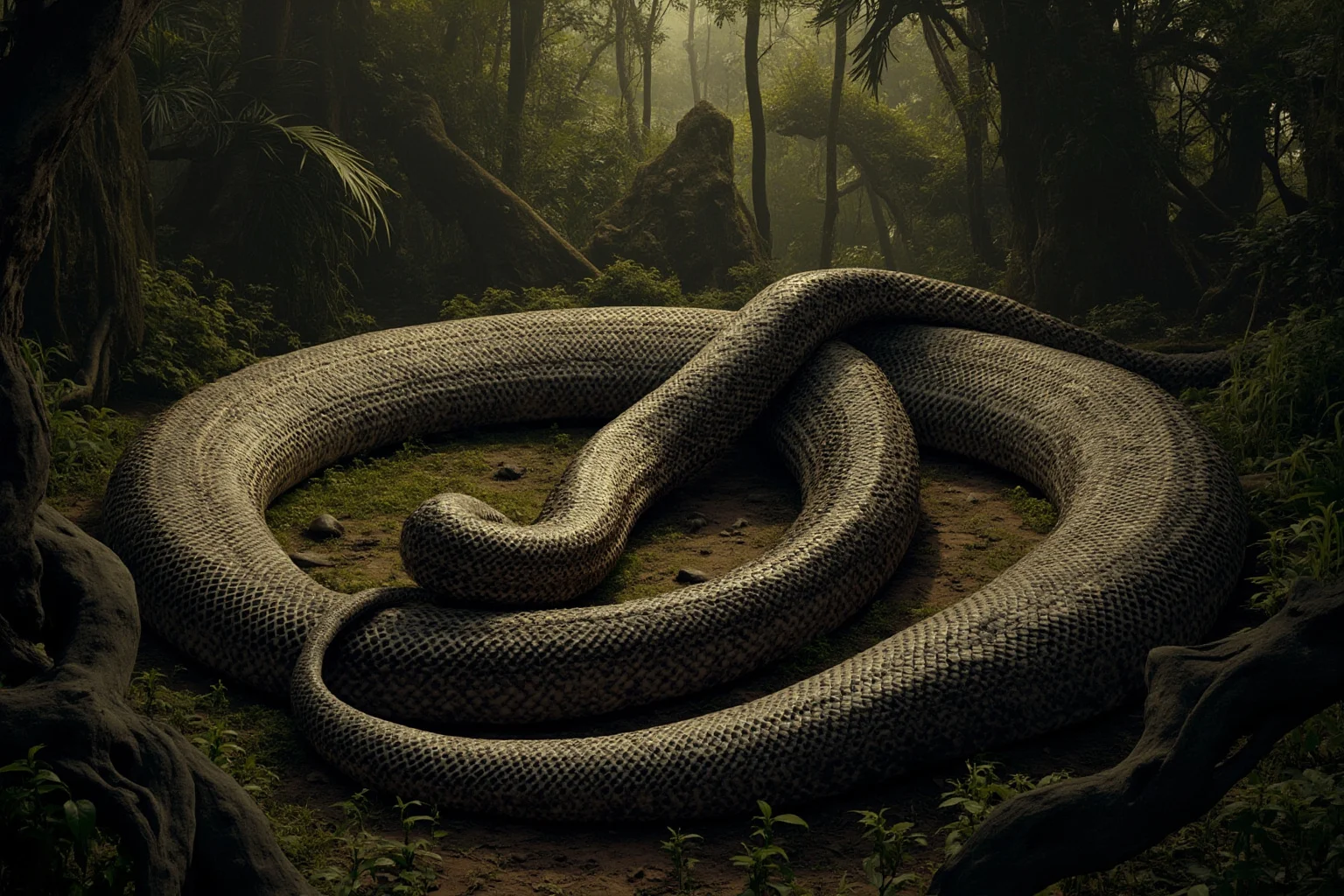 Titanoboa enormous snake coiled in prehistoric Colombian rainforest, showing its massive length and thickness
