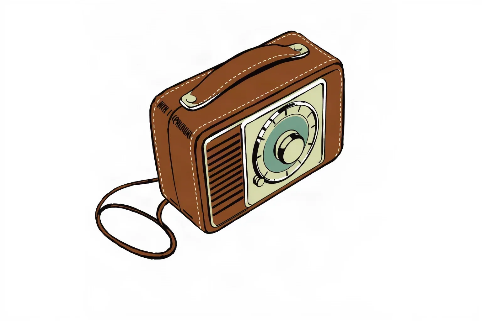 A small vintage pocket-sized transistor radio with a leather case and dial tuner, 1950s style illustration