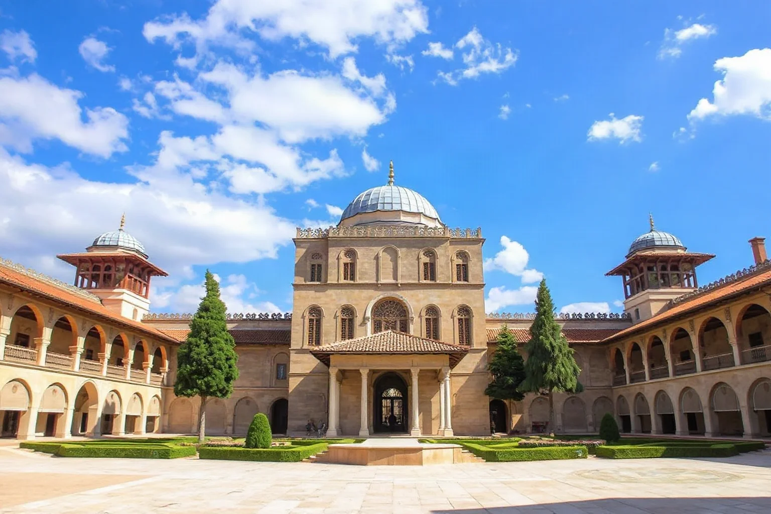 Topkapi Palace in Istanbul showing the courtyard pavilions and gardens of the Ottoman complex