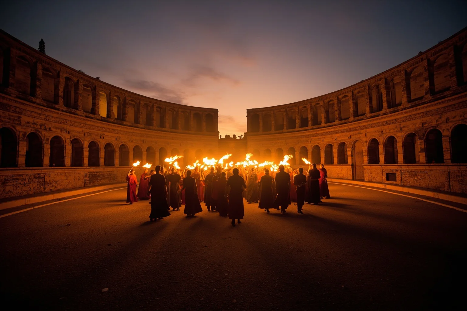 Torchlit gladiatorial procession inside a grand ancient Roman amphitheater at dusk