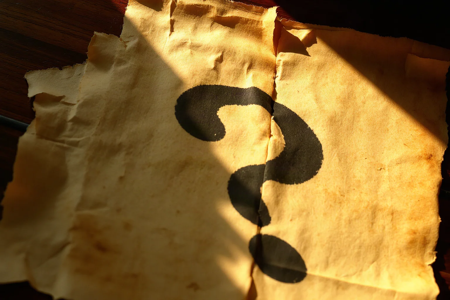 Torn medieval scroll with a large question mark shadow cast over it, symbolic historical mystery