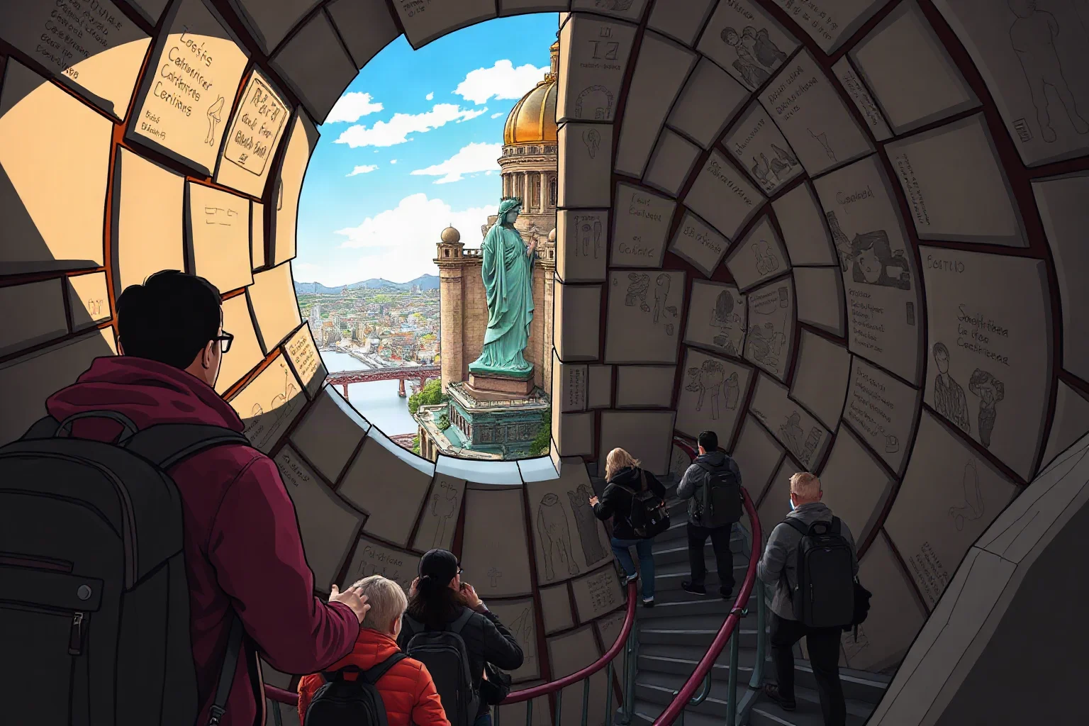 Tourists climbing a narrow spiral staircase inside a statue toward a crown viewing area, illustrative style