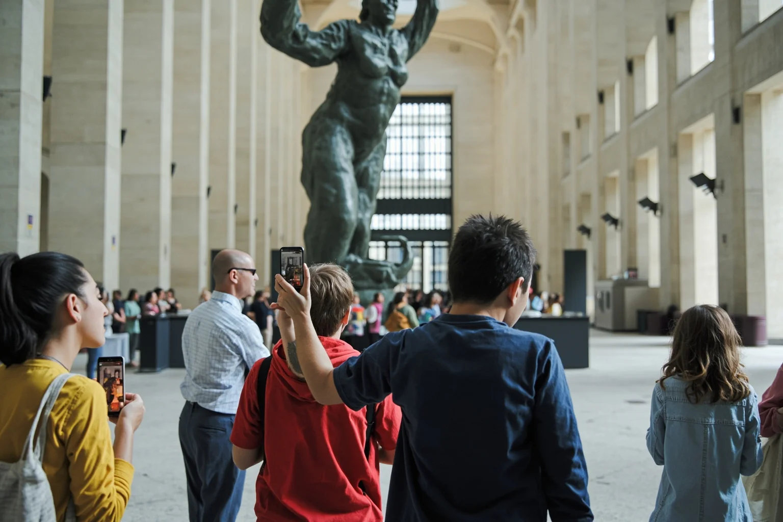 Tourists photographing a massive bronze sculpture inside a grand modern hall during daytime visiting hours