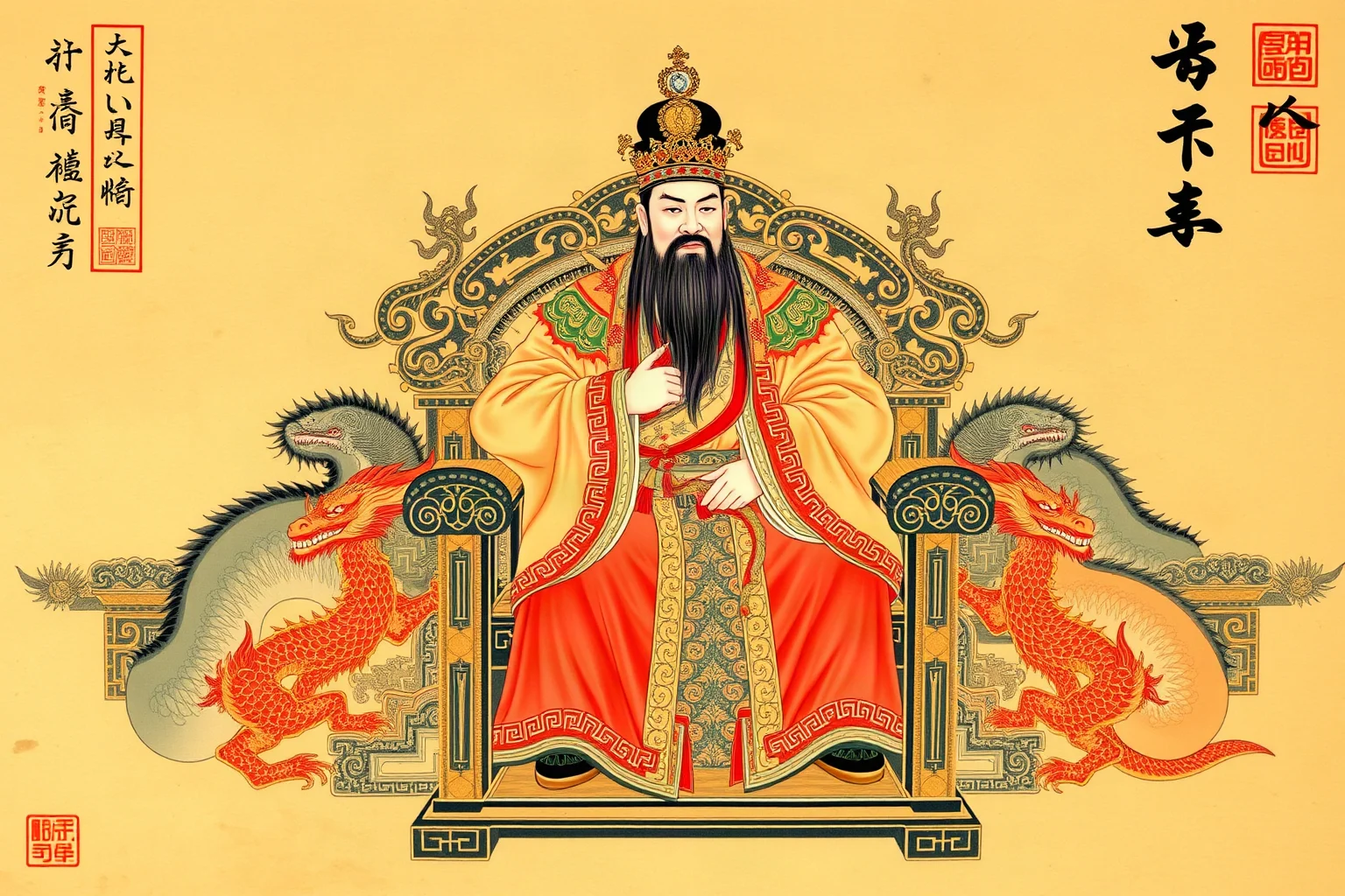 Traditional Chinese painting of a robed legendary emperor seated on an ornate throne with dragon motifs