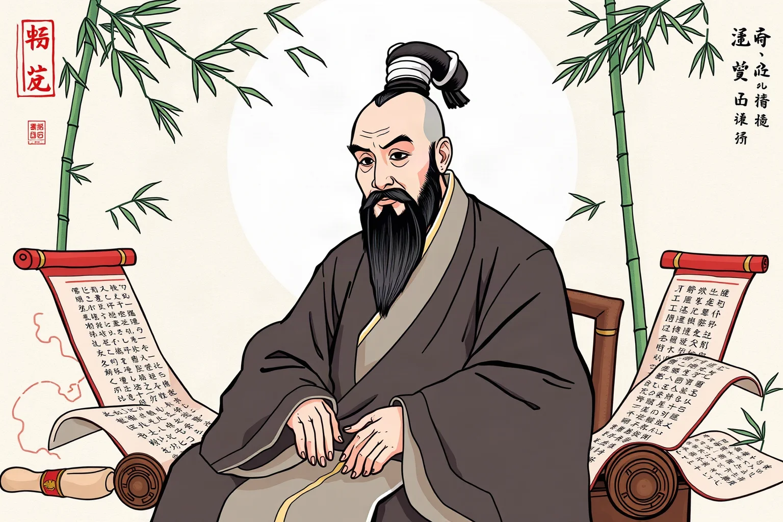 Traditional portrait-style illustration of a seated Confucian scholar surrounded by bamboo scrolls